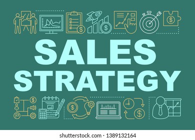 Sales strategy word concepts banner. Company strategic business plan. Presentation, website. Purposeful approach. Isolated lettering typography idea with linear icons. Vector outline illustration
