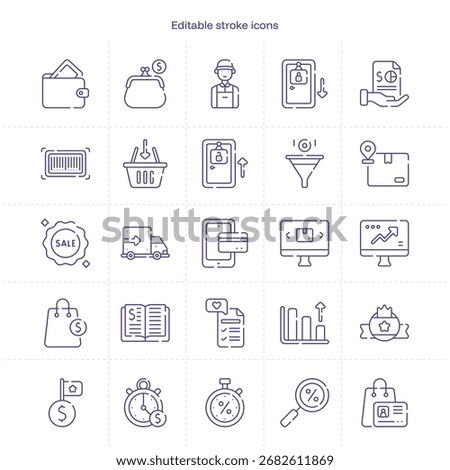 Sales stroke icon. Sales line icon set. editable stroke icon pack. Line, Thin, Linear Style Icon Bundle. Fully Customizable