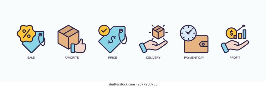 Sales And Success Icon Set Isolated Vector Illustration Concept With Icon Of Sale, Favorite, Price, Delivery, Payment Day, Profit In Outline Color Style
