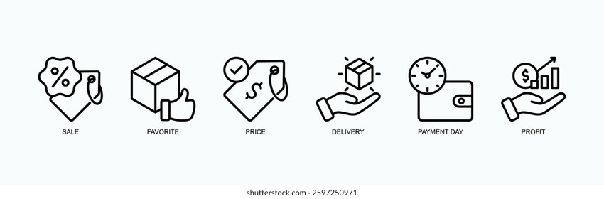 Sales And Success Icon Set Isolated Vector Illustration Concept With Icon Of Sale, Favorite, Price, Delivery, Payment Day, Profit In Outline Style