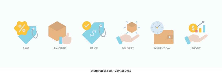 Sales And Success Icon Set Isolated Vector Illustration Concept With Icon Of Sale, Favorite, Price, Delivery, Payment Day, Profit In Flat Style