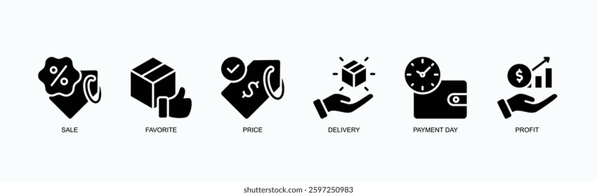 Sales And Success Icon Set Isolated Vector Illustration Concept With Icon Of Sale, Favorite, Price, Delivery, Payment Day, Profit In Glyph Style