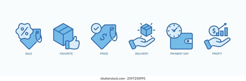 Sales And Success Icon Set Isolated Vector Illustration Concept With Icon Of Sale, Favorite, Price, Delivery, Payment Day, Profit In Blue Style