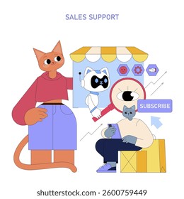 Sales support concept featuring a friendly cat character and a digital assistant. Visualizes customer interaction and effective communication in e-commerce. Engages audience with modern retail