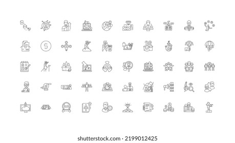 Ideas del sistema de ventas, iconos lineales, conjunto de señales de línea, colección de vectores