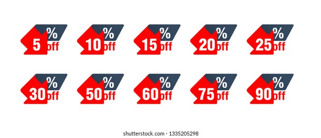 Sales tag markers with red arrow down in ribbon form and different percentage - 5%, 10%, 15%, 20%, 25%, 30%, 50, 60, 75 and 90%