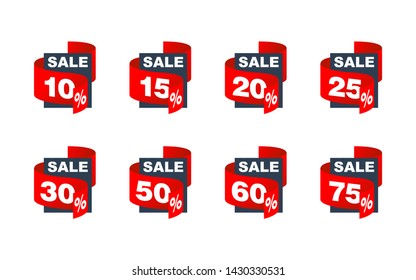 Sales tag markers with red arrow down in ribbon form with and different percentage - 10%, 15%, 20%, 25%, 30%, 50, 60, 75 percents