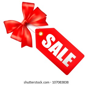 Sales tag with red gift bow. Vector illustration