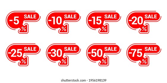 Sales tag set in creative rounded frames, arrow down and different percentage - 5, 10, 15, 20, 25, 30, 50, 75