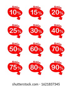 Sales tag set - markers with red arrow down in ribbon form and different percentage - 10%, 15%, 20%, 25%, 30%, 50, 60, 75, 80 and 90%