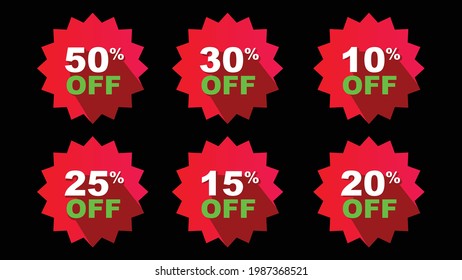 Plantilla de placa vectorial de conjunto de etiquetas de venta, 10% de descuento, 15%, 20%, 25%, 30%,50% fuera de etiqueta, icono plano de promoción de descuento, etiqueta adhesiva de emblema rojo de limpieza de ventas