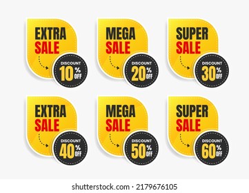 Forma de etiqueta de venta con diferentes juegos de descuento. 10, 20, 30, 40, 50 y 60 por ciento. Ilustración vectorial de la etiqueta de la etiqueta de la etiqueta adhesiva. Aislado sobre un fondo blanco