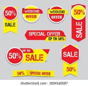 sales tag Yellow & red, price tag,discount tag,special offer collection, Hot deal 50% off badge template sale web coupons. Vector promotion badge icons,set ofbanner elements for website and advertisin