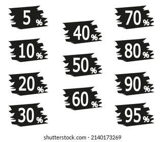 sales tags. discounts of 5, 10, 20, 30, 40, 50, 60, 70, 80, 90 and 95%. vector in black