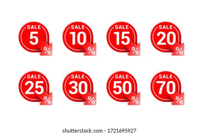 Sales tags in rounded decoration with arrow down and different percentage - 5%, 10%, 15%, 20%, 25%, 30% 50% and 75% - vector marketing elements set