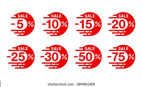 Sales tags set in creative rounded bubble with arrow down, motion trace, and different percentage - 5, 10, 15, 20, 25, 30, 50, 75