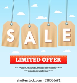 Sales tags at sky background with clouds limited offer