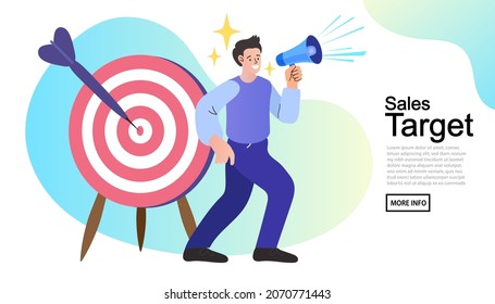 Sales target concept. man holding a megaphone. influencer marketing concept - blogger promotion services and goods for her followers online. Vector illustration in flat simple style.