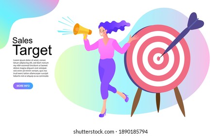 Sales target concept. woman holding a megaphone. influencer marketing concept - blogger promotion services and goods for her followers online. Vector illustration in flat simple style.