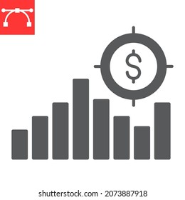 Sales target glyph icon, graph and target with dollar, diagram vector icon, vector graphics, editable stroke solid sign, eps 10.