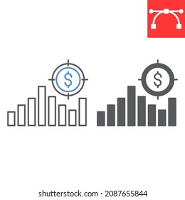 Sales target line and glyph icon, graph and target with dollar, diagram vector icon, vector graphics, editable stroke outline sign, eps 10.