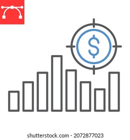 Sales target line icon, graph and target with dollar, diagram vector icon, vector graphics, editable stroke outline sign, eps 10.