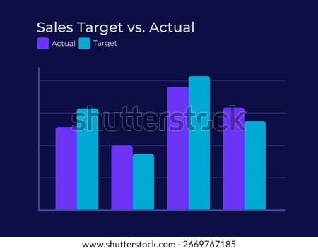 Sales target versus actual dark slide chart. KPI tracking, business performance. Data management, goal. Pitch deck presentation report. Infographic visualization
