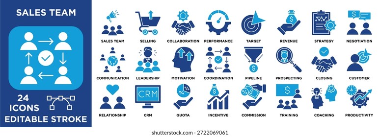 Sales team icon set editable for business marketing featuring selling, CRM, strategy, negotiation, revenue growth, targets, and customer management. dual tone vector