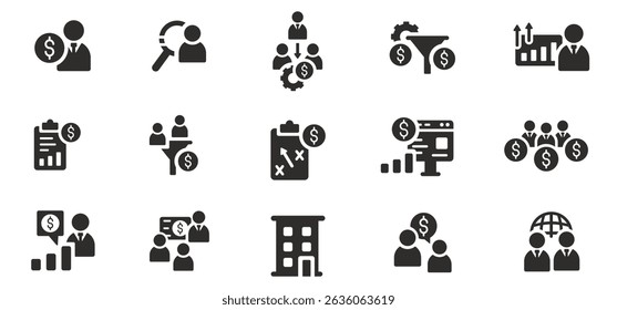 Vertriebsteam-Symbolsatz, Flachsymbol, enthält Interessenten, Vertriebsleiter, Vertriebsbericht, Marketing, Handelsvorschlag