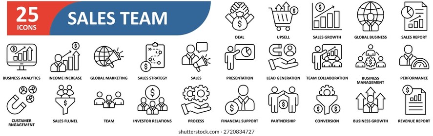 Conjunto de iconos editables de línea de equipo de ventas. Contiene iconos relacionados con marketing, vendedor, equipo, CRM, icono, beneficio, crecimiento, prospecto, conversión, embudo