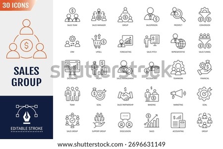 Sales team line editable icon set. Containing icons: Sales department, salesperson, prospect, conversion, sales report, marketing, sales pitch and more. Vector illustration
