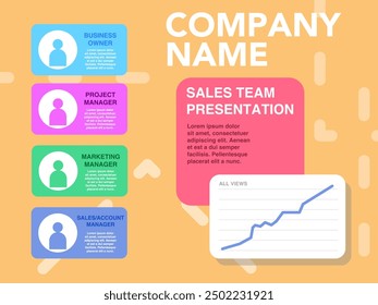 Sales team presentation and roles in the team of employees and their assignment and work activity, chart of success in the team and prosperity