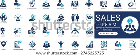 sales team solid icon set. revenue, conversion, customer, strategy, management, growth, professional. editable vector illustration collection set.