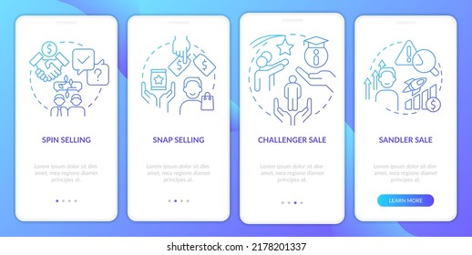 Sales techniques blue gradient onboarding mobile app screen. Goods promotion walkthrough 4 steps graphic instructions with linear concepts. UI, UX, GUI template. Myriad Pro-Bold, Regular fonts used