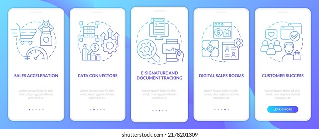 Sales tools blue gradient onboarding mobile app screen. Marketing tendencies walkthrough 5 steps graphic instructions with linear concepts. UI, UX, GUI template. Myriad Pro-Bold, Regular fonts used