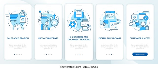 Sales tools blue onboarding mobile app screen. Marketing tendencies walkthrough 5 steps editable graphic instructions with linear concepts. UI, UX, GUI template. Myriad Pro-Bold, Regular fonts used