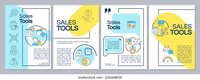 Sales tools blue and yellow brochure template. Promotion and marketing. Leaflet design with linear icons. Editable 4 vector layouts for presentation, annual reports. Questrial, Lato-Regular fonts used