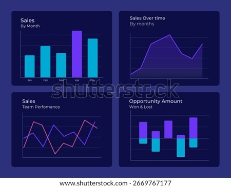 Sales tracking report graph ux dashboard dark set. Team performance, teamwork. Financial metrics, accounting. Pitch deck presentation. Diagram report template collection
