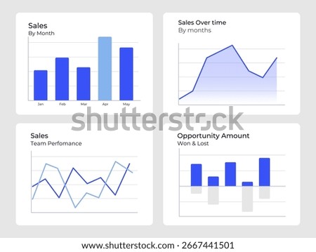 Sales tracking report ui dashboard chart set. Team performance, teamwork. Financial metrics, accounting. Pitch deck. Graph layout presentation slides. Data visualization