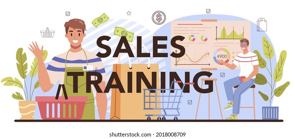 Sales training typographic header. Sales stimulation for comercial profit. Training for employees. Staff management, empolyee development. Flat vector illustration