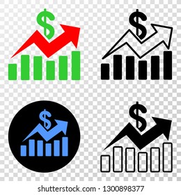 Sales trend charts EPS vector pictograph with contour, black and colored versions. Illustration style is flat iconic symbol on chess transparent background.