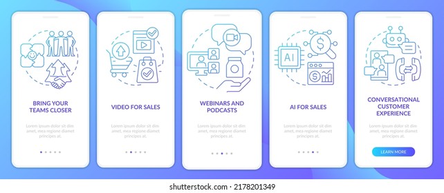 Tendencias de ventas pantalla de aplicación móvil con gradiente azul incorporado. Recorrido de desarrollo de marketing 5 pasos de instrucciones gráficas con conceptos lineales. UI, UX, plantilla GUI. Multitud de tipos de letra Pro-Bold, con uso regular