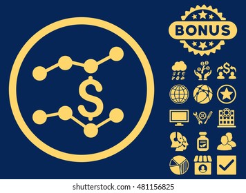 Sales Trends icon with bonus. Vector illustration style is flat iconic symbols, yellow color, blue background.
