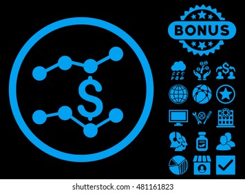 Sales Trends icon with bonus. Vector illustration style is flat iconic symbols, blue color, black background.