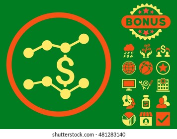 Sales Trends icon with bonus. Vector illustration style is flat iconic bicolor symbols, orange and yellow colors, green background.