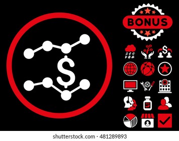 Sales Trends icon with bonus. Vector illustration style is flat iconic bicolor symbols, red and white colors, black background.