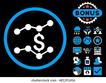 Sales Trends icon with bonus. Vector illustration style is flat iconic bicolor symbols, blue and white colors, black background.