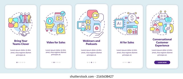 Sales trends onboarding mobile app screen. Marketing development walkthrough 5 steps editable graphic instructions with linear concepts. UI, UX, GUI template. Myriad Pro-Bold, Regular fonts used