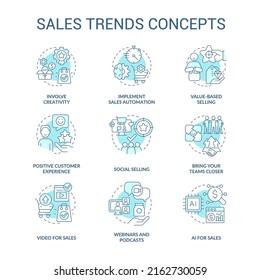 Sales trends turquoise concept icons set. Ecommerce industry idea thin line color illustrations. Customer experience. Isolated symbols. Editable stroke. Roboto-Medium, Myriad Pro-Bold fonts used