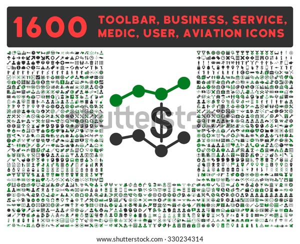 Sales Trends vector icon and 1600 other business,\
service tools, medical care, software toolbar, web interface\
pictograms. Style is bicolor flat symbols, green and gray colors,\
rounded angles, white